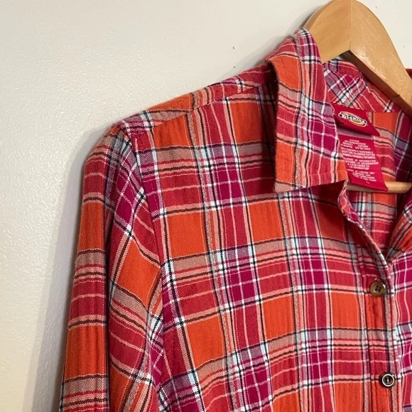 Dickies Orange Red Plaid Flannel Button Down Shirt Women’s Size L - Picture 4 of 11
